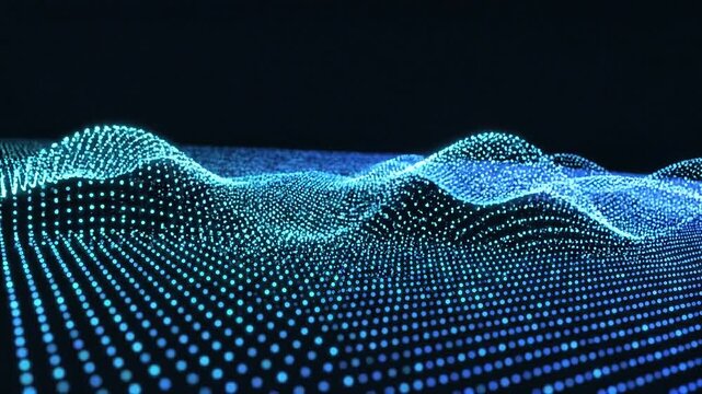 Dynamic Abstract Digital Landscape of Luminous Blue Particles Creating Rippling Waves and Peaks on a Dark Background with a Sense of Depth and Movement Representing Data or Sound Visualization