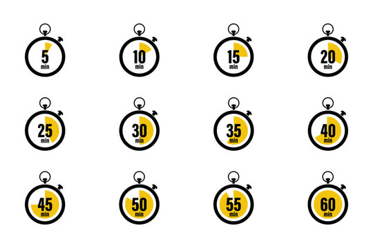 Modern stopwatch countdown timer collection from 5 to 60 minutes in clean vector style. Great for productivity, workout, cooking, focus and time management designs