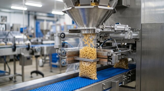 Pasta packaging machine filling clear bags with fusilli on a conveyor belt