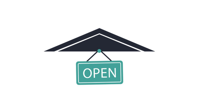 Green open sign hanging from a dark geometric roof structure isolated on white background for business shop and store opening themes.