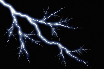 Powerful lightning bolt striking across dark night sky, electric blue thunderbolt flash, atmospheric weather phenomenon with bright electrical discharge © JULEKA 
