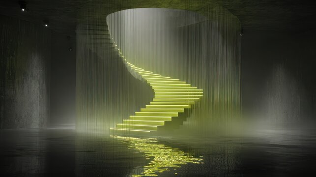 Illuminated spiral staircase ascends within a dark, misty architectural space