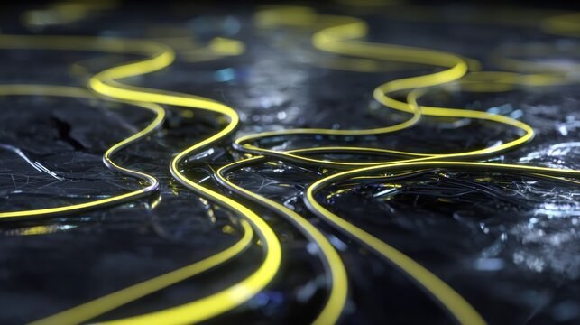Illuminated yellow conduits snake across a dark, textured surface in a futuristic scene