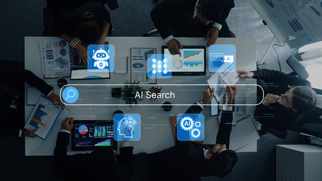 AI-powered search interface concept with multiple assistant tools, intelligent logic and automation engine working in harmony. Corpus
