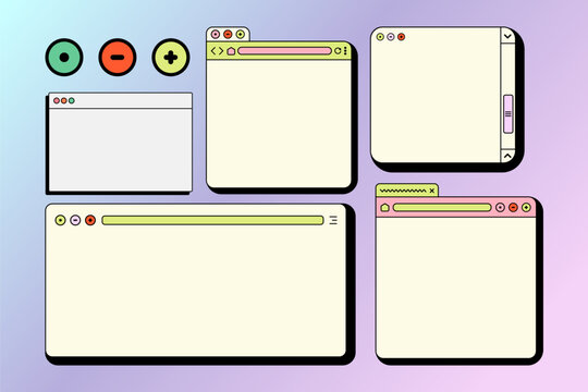 Illustrated collection of flat design browser window mockups with control buttons and tabs for web design projects
