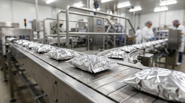 Shiny silver foil wrapped packages move along a stainless steel conveyor belt in a clean factory