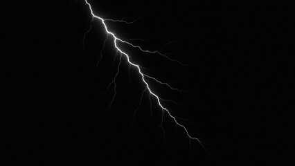 Powerful lightning bolt striking through dark night sky, dramatic electric discharge in black background, intense thunderstorm weather phenomenon © JULEKA 
