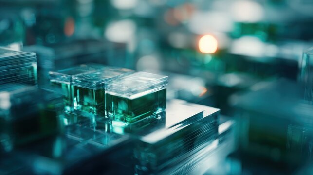 Transparent cubical containers holding deep green liquid rest on stacks of polished material.