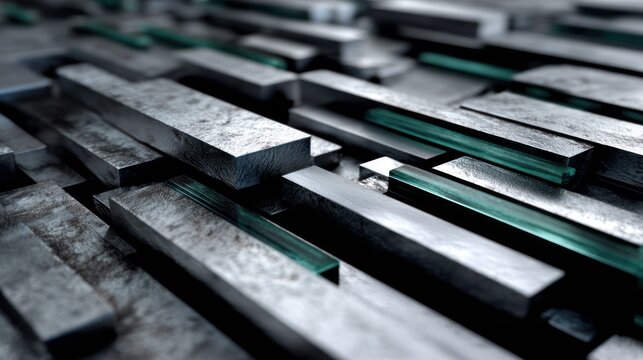 Rectangular metallic bars are interspersed with transparent teal glass elements in a three dimensional abstract pattern.