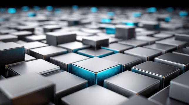 Three dimensional metallic cubes display glowing accents across an abstract surface