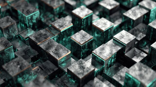 Abstract metallic cubes with textured surfaces present a dark, glowing pattern.
