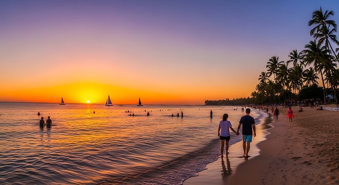 Romantic couple walking along a tropical beach at sunset in Boracay Philippines.