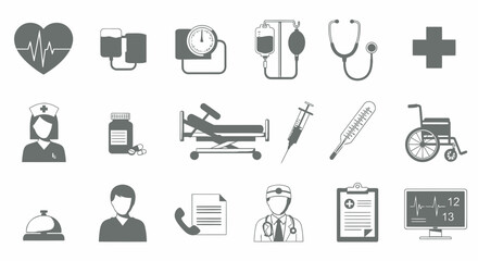 Fototapeta premium Essential grayscale medical and healthcare vector icons depicting hospital equipment, professional staff, and patient care symbols for health-related graphic design