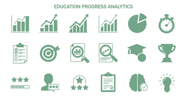 Comprehensive analytics icons for tracking learning progress, educational achievements, and overall performance metrics in academic and professional development