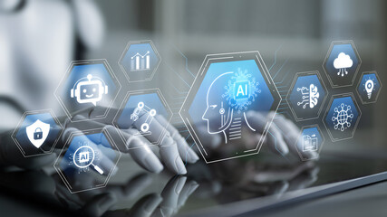 Naklejka premium Artificial intelligence use case concept linking analytics, security, cloud services and operations for modern organizations. Corpus