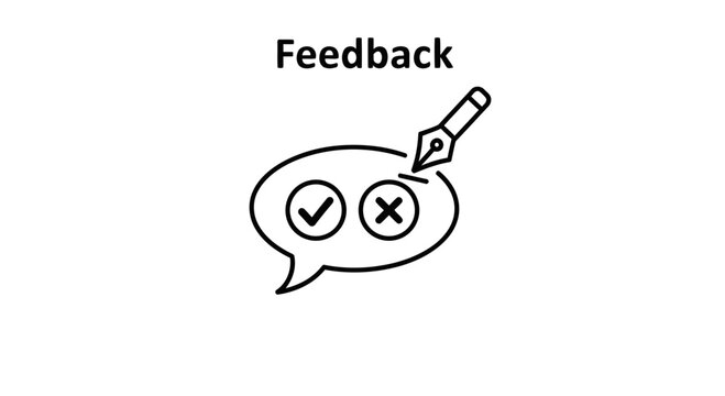 A speech bubble icon showing a checkmark and an X, representing feedback and evaluation, with a pen writing on it