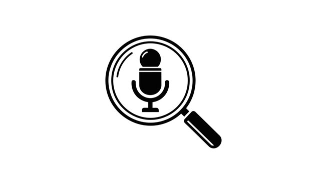 Magnifying glass over a microphone, symbolizing audio research, sound analysis, and voice search technology