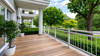 Fototapeta premium Modern apartment balcony with wooden deck and garden view