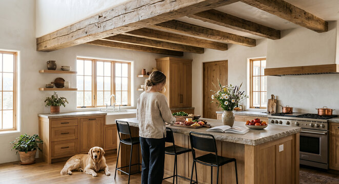 A woman prepares food on a kitchen island with a dog lying nearby, bathed in natural light from large windows.