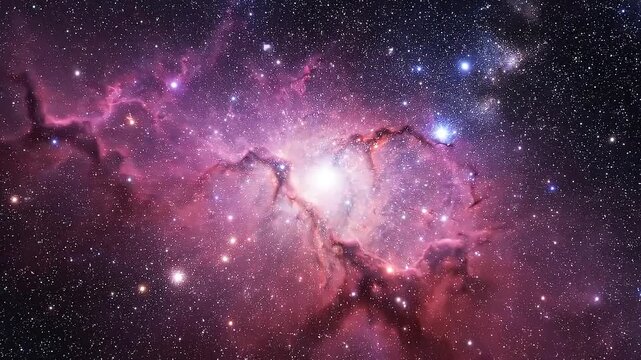 Expansive view of a colorful nebula in deep space, featuring glowing pink and purple clouds of gas and dust illuminated by bright stars and distant galaxies, a cosmic vista