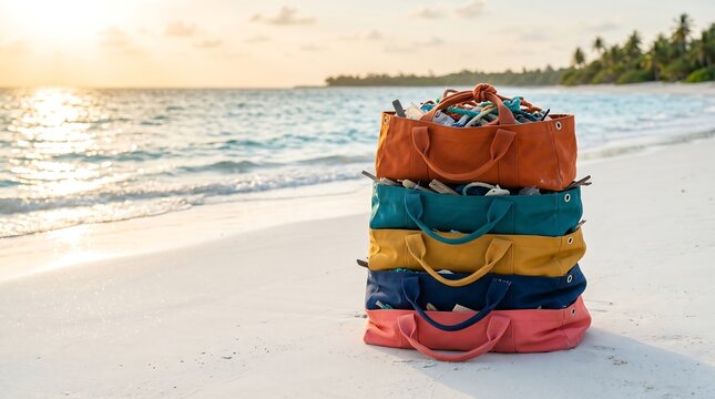 Beachside Stack of Colorful Duffel Bags Captures the Spirit of Tropical Getaways and Coastal Adventures