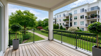 Fototapeta premium Apartment building balcony overlooking a landscaped garden