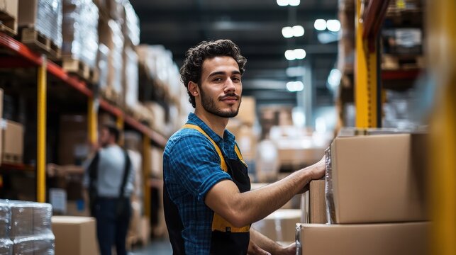 Warehouse worker scanning package barcode in busy logistics fulfillment center with shelves of boxes