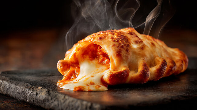 Italian panzerotti with melted mozzarella and tomato filling, crispy golden fried calzone pastry with steaming cheese on rustic dark background