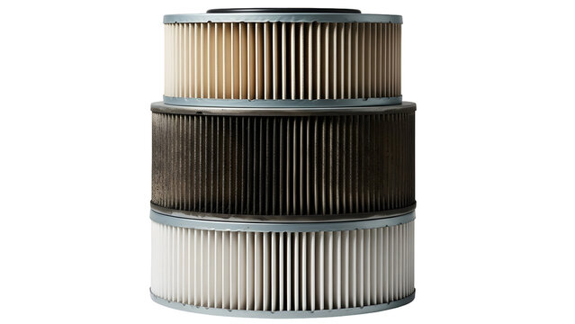 Stack of three cylindrical industrial air filters with pleated paper elements.