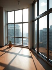 Fototapeta premium Expansive window frames reveal a subtle urban vista, softening the pristine interior , modern, clean