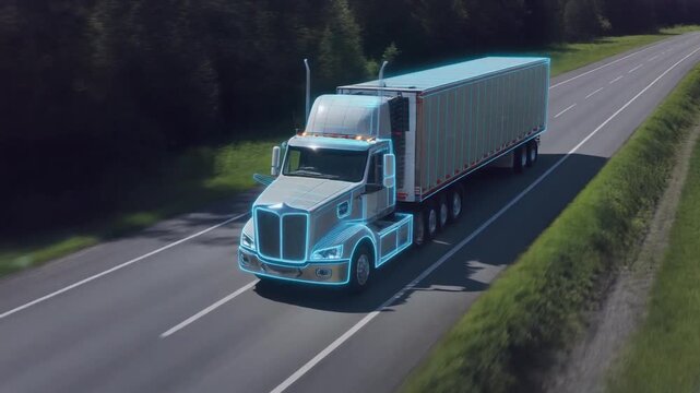 Semi-truck glows with digital sensors, highway flows smoothly, AI guides freight toward efficient horizons.