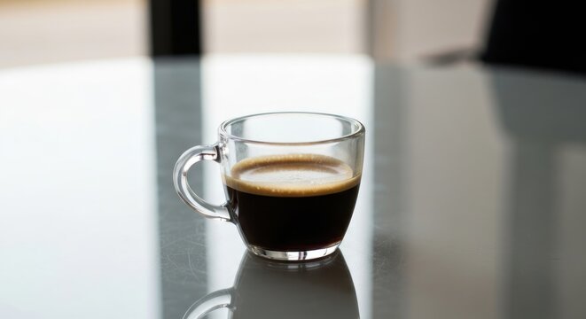 Aromatic Espresso in Clear Glass Cup on Reflective Surface.