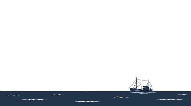 A solitary fishing trawler boat on the calm ocean horizon.