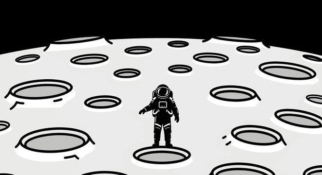 Astronaut standing on the moon surface among craters.