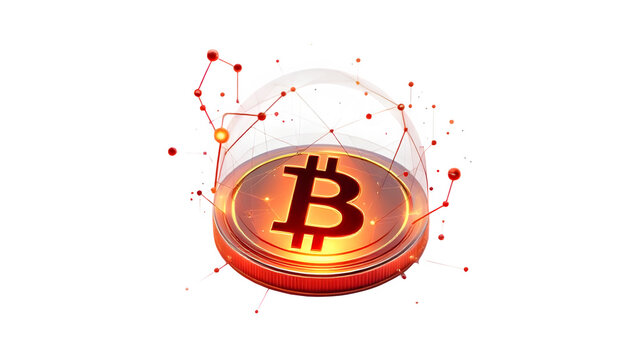 Golden bitcoin cryptocurrency coin with glowing red effect and network connections isolated on transparent background