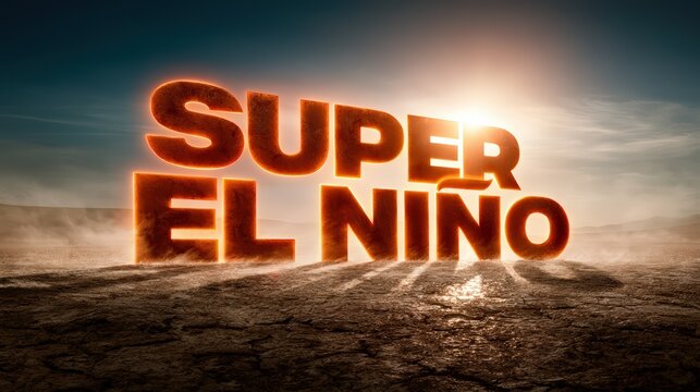 Super El Nino Concept with Glowing Text on Dry Cracked Earth