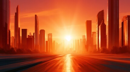 Obraz premium Vibrant Cityscape with Bright Sun Setting Over Modern Architecture