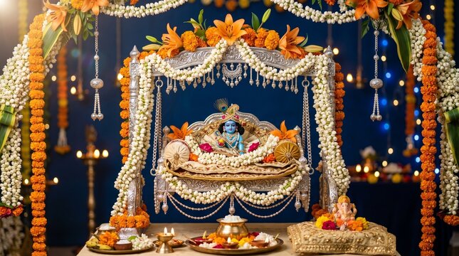Ornate silver swing jhula for Lord Krishna Janmashtami festival, decorated with fresh jasmine and orange marigold flowers, traditional Indian celebration.