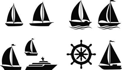 Silhouettes of sailboats, cruise ship, and ship wheel icons representing nautical themes, maritime travel, and sailing design concepts © MstSakila