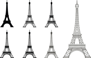 Stylized silhouettes of Eiffel Tower in progressive artistic variations from simple solid forms to intricate line drawings representing design themes © MstSakila
