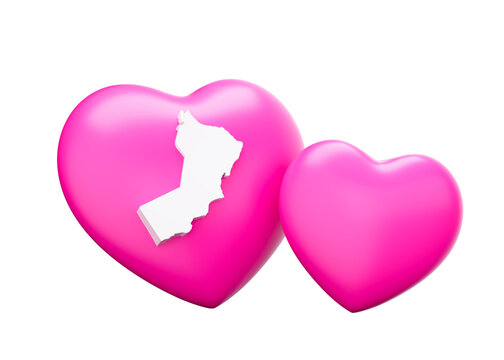 Shiny Pink Hearts With Map Of Oman 3d Illustration