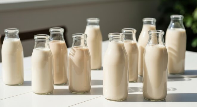 Bottles of milk on a white table surface.