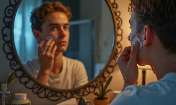 Skincare teenage boy applying hydrocolloid pimple patch in front of mirror during his night hygiene routine