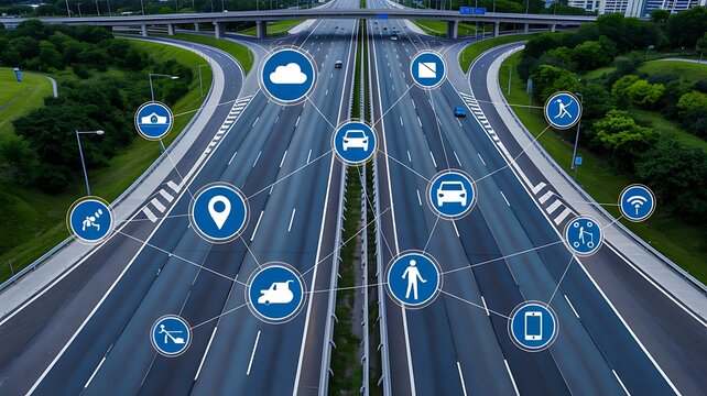 . Intelligent highway transportation system with connected vehicle icons and smart mobility concept
