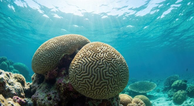 Brain Coral Beauty - A Vibrant Underwater Scene in Turquoise Waters.