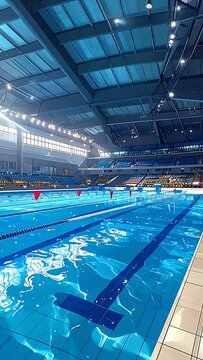 A large indoor swimming pool with blue water and bright lights