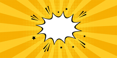 Pop art comic book background featuring blank explosion speech bubble over yellow sunburst rays. Vibrant vector illustration with halftone dot pattern texture, perfect for retail sale banner, creative © Hanofa Febriyanti