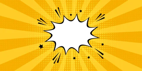 Fotobehang Pop Art Pop art comic book background featuring blank explosion speech bubble over yellow sunburst rays. Vibrant vector illustration with halftone dot pattern texture, perfect for retail sale banner, creative  © Hanofa Febriyanti