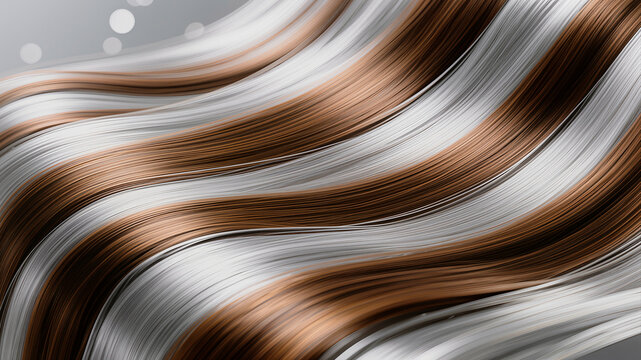 Flowing wavy strands of silky brown and silver highlighted hair against a soft grey background