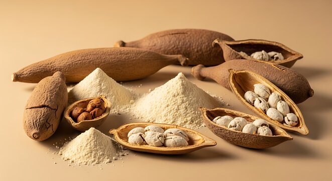 Fresh cassava roots with piles of starch flour and pieces of organic root vegetables on a brown surface. baobab powder